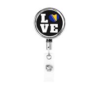 Love Bosnia-Erzegovina Bandiera Cuore Bobina porta badge in metallo resistente, porta badge retrattile con clip da cintura per portachiavi Porta badge Impiegato Insegnante