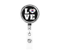 Love Corea del Sud Bandiera Cuore Bobina porta badge in metallo resistente, porta badge retrattile con clip da cintura per portachiavi Impiegato Insegnante