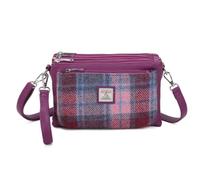 Love EMVY Borsa a tracolla collezione Tweed Tartan Signature - Tessuto in vera lana Harris Tweed - 3 scomparti con cerniera, tracolla regolabile - 27 × 19 × 9 cm, Ametista, 27 X 19 x 5 Centimeters
