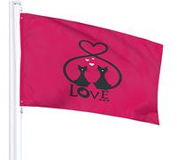 Love Flag 3x5 FT Cute Black Cats in Love Heart for Valentine's Day Outdoor Flags Large Welcome Yard Banners Home Garden Yard Lawn Decor Pink