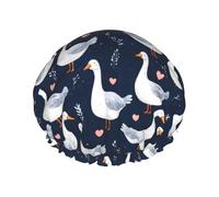 Love Goose, cuffia da doccia da donna, con stampa blu navy, a doppio strato, riutilizzabile, con fascia elastica per capelli lunghi, cuffia da bagno per doccia