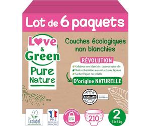 Love & Green Pure Nature Pack de 210 Pannolini Ecologici non Sbiancati T2 x 35 (3-6 kg)
