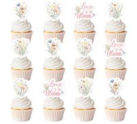 Love Is In Bloom Decorazioni per addio al nubilato, 36 pezzi, decorazioni floreali per cupcake a tema fiori selvatici rosa stampa su entrambi i lati, decorazione per addio al nubilato e matrimonio