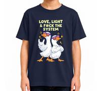 Love Light F#ck The System Cool Duck Rocker, maglietta per bambini | punk, umorismo, divertente, oca, occhiali da sole, anarchia, heavy metal, festival, ribelli, divertimento, uccello, festa