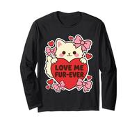 Love Me Fur Ever Cute Kawaii, Gioco di Parole a Forma di Gatto, con Grafica a Forma di Cuore per San Valentino Maglia a Manica