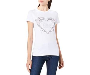 Love Moschino Slim Fit T-Shirt Short-Sleeves, Personalised with Dolphins And Logo hotfix 3D Silver Studs, Optical White, 40 Donna