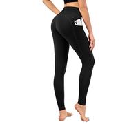 Love My Fashions® Leggings da donna a vita alta, tinta unita e stampati, con 2 esterni e 1 tasca interna, traspirante, Stampa nera tinta unita, S