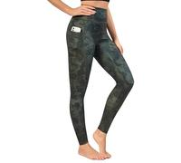 Love My Fashions® Leggings da donna a vita alta, tinta unita e stampati, con 2 esterni e 1 tasca interna, traspirante, Stampa mimetica verde classica, S