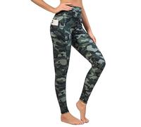 Love My Fashions® Leggings da donna a vita alta, tinta unita e stampati, con 2 esterni e 1 tasca interna, traspirante, Stampa mimetica verde militare, L