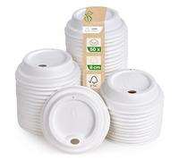Love Nature Coperchio per Bicchieri Usa e Getta 250 ml - 50 pezzi Ø 80mm Coperchi in Canna da Zucchero per Bicchierini Caffè - Biodegradabile Coperchio Bianco