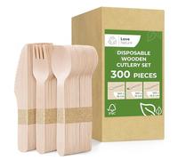 Love Nature Set di posate usa e getta, 300 pezzi, posate in legno usa e getta, 100 forchette, 100 coltelli, 100 cucchiai, posate biodegradabili per feste, barbecue, picnic, eventi