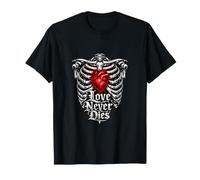 Love Never Dies Gothic Skeleton Rib Cage Heart Dark Romance Maglietta