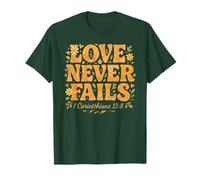 Love Never Fails Bibbia Verse 70s Floral Retro Design Maglietta