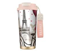 Love Paris Tower - Bottiglie d'acqua isolate per caffè, vino, profumo, bicicletta, cuore, in acciaio inox, per donne e uomini, con coperchio a prova di perdite, colore rosa