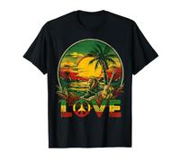 Love Reggae Lion Tramonto Chitarra Segno della Pace Tropicale Maglietta