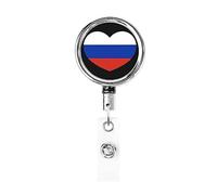 Love Russia Flag Russian Heart Bobina porta badge in metallo resistente, porta badge retrattile con clip da cintura per portachiavi Impiegato Insegnante