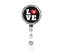 Love Svizzera Bandiera Swiss Heart Bobina porta badge in metallo resistente, porta badge retrattile con clip da cintura per portachiavi Impiegato Insegnante