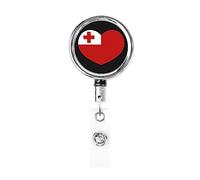 Love Tonga Flag Tongans Heart Bobina porta badge in metallo resistente, porta badge retrattile con clip da cintura per portachiavi Porta badge Impiegato Insegnante 1