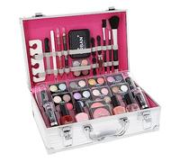 LOVE URBAN BEAUTY Custodia per trucco vegano Essentials - Set trucco vegano da 64 pezzi per adolescenti - Elegante scatola argentata - Design compatto e leggero - Set trucco da donna adatto ai viaggi