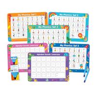 Love Writing Co - Set per tracciare suoni e lettere, 6 tappetini con alfabeto A3 su entrambi i lati, 5 matite cancellabili con impugnatura a treppiede, età 3-5 anni