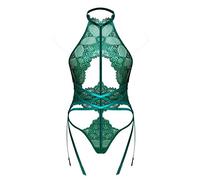 LOVE YOU SEXY Body da donna in pizzo,cintura crociata alla vita e schiena scoperta,con Cintura per calzini,body Verde Smeraldo,S