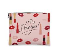 Love You - Trousse da viaggio per cosmetici, con stampa di rossetti e baci, da donna, portatile, piccola, in tela, con cerniera, idea regalo per San Valentino, Pesca, 7x9 Inch, Rossetto