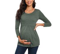 Love2Mi Maglia da donna incinta con maniche a 3/4, Rosa a righe | Cotone morbido e caldo, cappuccio con coulisse e tasca, accesso a due strati per l'allattamento, per la casa