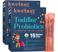 Lovebug Probiotics Lovebug Probiotico e prebiotico per bambini, 15 miliardi di CFU, per bambini da 12 mesi a 4 anni, contiene 1 grammo di fibra, 60 pacchetti