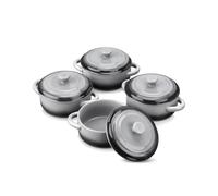 LOVECASA Mini Cocotte 420 ml Set 4 Casseruole da Forno in Gres con Coperchio 12 x 5,5 cm, Mini Casseruole Rotonde con 2 Manici, Stampi per Torte, Terrine da Forno Monoporzione, Grigio-Nero Graduale