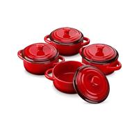 LOVECASA Mini Cocotte Set 4 Casseruole in Gres da 420 ml Terrine da Forno Monoporzione con Manici e Coperchio Piccole Pirottini da Forno, 17 x 12,3 x 8,6 cm, Lavastoviglie Possibile, Rosso Graduale