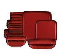 LOVECASA Serie Vibri Servizio di Piatti Vintage per 4 Persone Piatti Quadrati in Gres 16 Pcs con Ciotole 800 ml, Piatti Piani 25,5 cm, Piatti da Dessert 18,8 cm, Piatti Fondi 1050 ml Rosso Graduale