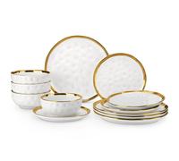 LOVECASA Set di stoviglie da 12/24 pezzi in porcellana ceramica bianca e bordo dorato con 4/8 pezzi Piatto piano/dessert/ Ciotola di cereali per 4