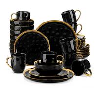 LOVECASA Set di stoviglie in porcellana nera da 16/32 pezzi con piatto da dessert con finiture dorate, piatto da pranzo, tazza, set di stoviglie con ciotola 16 Piece