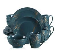 LOVECASA Set di stoviglie in porcellana verde scuro 16/32/48 pezzi Design di Gold Splash con piatto da pranzo, piatto da torta, ciotole, tazze da caffè