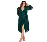 Lovedrobe Abito da Donna, a Vestaglia, Midi, con Spacco, in Taglie Forti, Scollo a V, Scintillante, Maniche Lunghe 'Bishop', Linea ad A, Verde Smeraldo