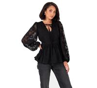 Lovedrobe Women's Floral Top Ladies Blouse Long Balloon Sleeve V-Neckline Peplum Chiffon Tie Front Smart Casual Office Wear, Nero 46
