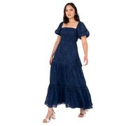 Lovedrobe Women's Maxi Dress Ladies Square Neckline Puff Sleeve Tiered Hem Floral Chiffon Shirred A-Line Tie Back Milkmaid, Blu Marino 50
