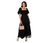 Lovedrobe Women's Maxi Dress Ladies Square Neckline Puff Sleeve Tiered Hem Floral Chiffon Shirred A-Line Tie Back Milkmaid, Nero 44