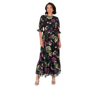 Lovedrobe Women's Midaxi Dress Ladies Short Puff Sleeve Round Neck Floral Chiffon Ruffle Tiered Bottom Hemline A-Line Occasion NAN, Nero, 46 Donna