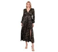 Lovedrobe Women's Midaxi Dress Ladies Wrap V-Neck Long Bishop Sleeve Satin Gold Fleck Side Tie Belt Split A-Line Wedding Guest Vestito, Nero, 42 Donna