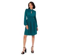 Lovedrobe Women's Mini Dress Ladies Long Balloon Sleeve High Neck Keyhole Detail Fit And Flare Plissé Cocktail Evening Occasion Vestito, Teal Green, 44 Donna