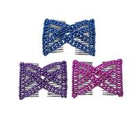 LOVEF 3 pettini comodi per coda di cavallo, perfetti per code di cavallo, acconciature e torsioni, accessorio per capelli con doppio pettine con perline, blu, azzurro, viola, rosa, medio