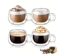 LoveFirst 4x150ml Tazza Caffè Doppio Vetro Borosilicato, Bicchieri da Espresso a Doppia Parete con Manico, Trasparenti, Realizzate a mano, per Latte,Cappuccino,Bevande Calde, Tè,Succo di Frutta