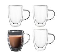 LoveFirst 4x250ml Tazze da Caffè in Vetro Borosilicato Trasparente Isolate a Doppia Parete con Manico,Effetto Galleggiante,per Caffè Espresso,Latte,Cappuccino,Bevande Calde, Tè,Succo di Frutta