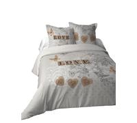 Lovely Casa - Copripiumino 240 x 220 cm e 2 federe 63 x 63 cm - Clemence - 100% cotone - Certificato Oeko-Tex - Biancheria da letto - Romance - Love - Cuore - Amore - Grigio e Naturale - 2 persone