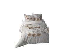 Lovely Casa - Copripiumino 260 x 240 cm e 2 federe 63 x 63 cm - Clemence - 100% cotone - Certificato Oeko-Tex - Biancheria da letto - Romance - Love - Cuore - Amore - Grigio e Naturale - 2 persone