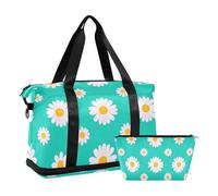 Lovely Daisy Floral Teal Bianco Palestra Duffel Bag Pernottamento Borsa con Cinghia Regolabile per Trekking Impermeabile, Deliziosa margherita floreale verde acqua bianco, 1 size