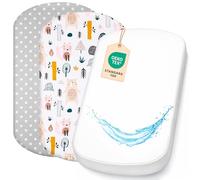 Lovely Hippo 2 lenzuoli con angoli elasticizzati in 100% cotone + 1 coprimaterasso, 100% materiale impermeabile, set da 3 pezzi, compatibili Chicco, Kinderkraft (animali della foresta, 43 x 83 cm)