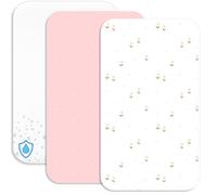 Lovely Hippo 2 lenzuoli con angoli elasticizzati in 100% cotone + 1 coprimaterasso, 100% materiale impermeabile, set da 3 pezzi, compatibili Chicco, Kinderkraft (fiori rosa, 55 x 90 cm)