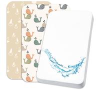 Lovely Hippo 2 lenzuoli con angoli elasticizzati in 100% cotone + 1 coprimaterasso, 100% materiale impermeabile, set da 3 pezzi, compatibile Chicco, Kinderkraft (Walbabys, 55 x 90 cm)